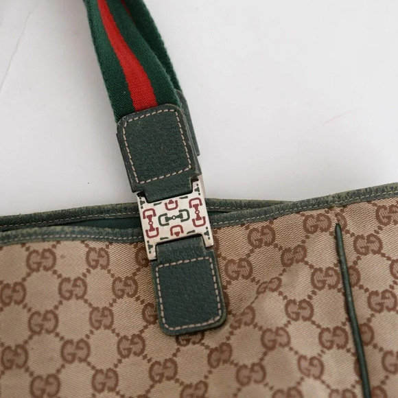 GUCCI Beige & Green GG Sherry Canvas Web Handle Tote Purse Bag - Picture 10 of 17